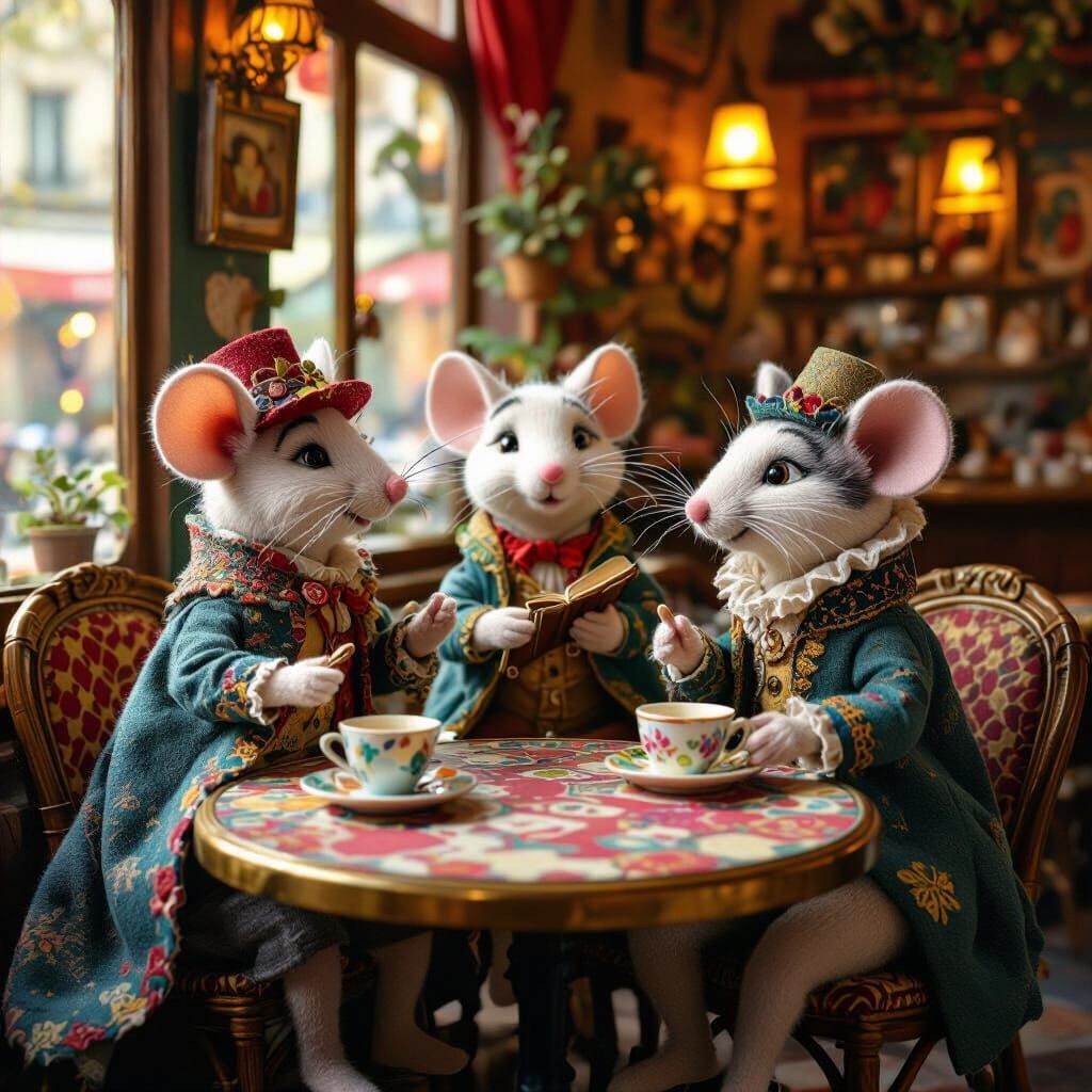 Felted Mice Serenade Cats in Parisian Cafe, Fauvism Style