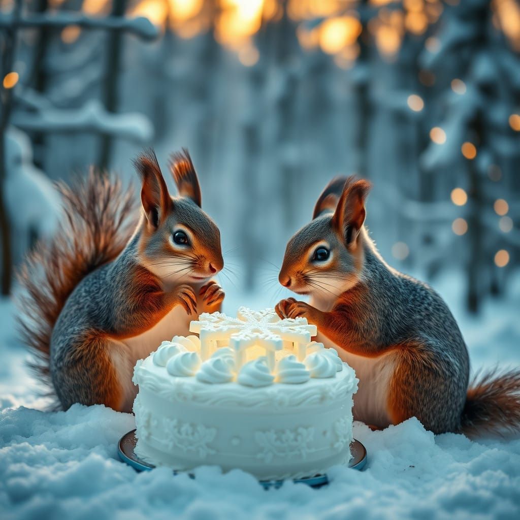 Whimsical Squirrel Couple in Scandinavian Snow Forest at Sun...