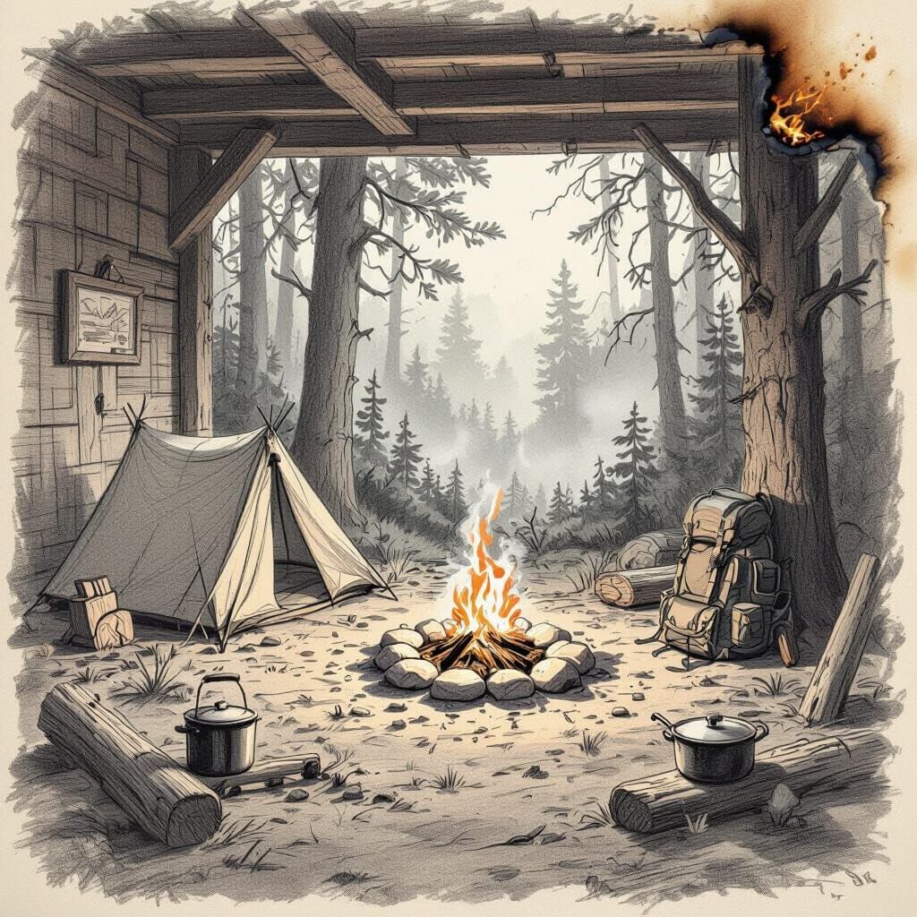 Pencil Sketch of Forest Clearing Campfire Scene