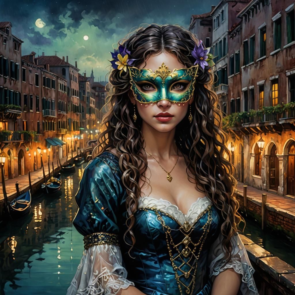 Chibi Italian Woman in Venice, Watercolor Painting