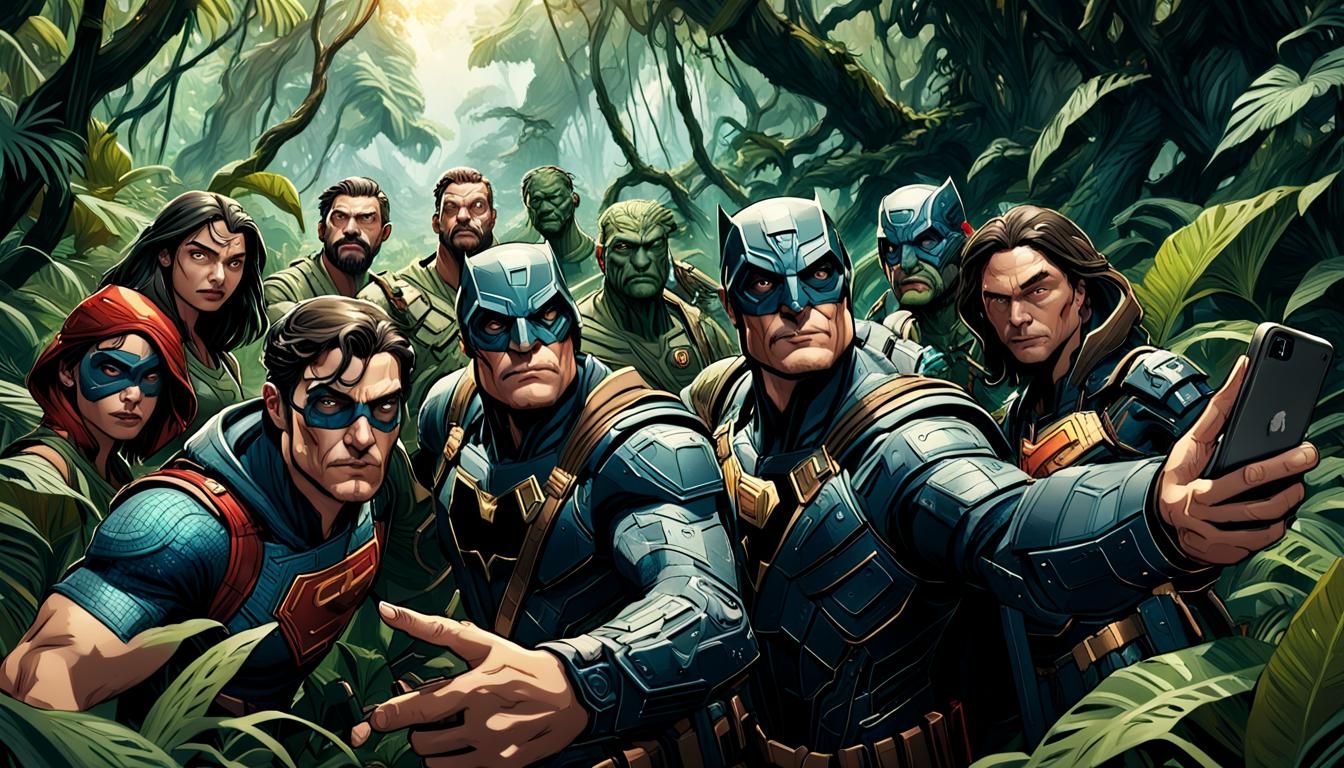 Hyperrealistic DC Marvel Selfie in Jungle