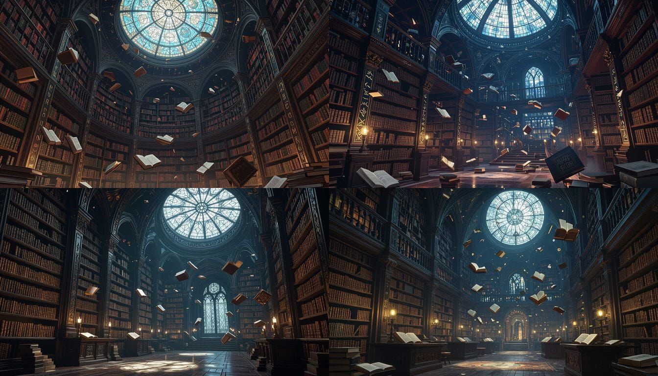 Enchanted Library with Floating Books and Glowing Runes