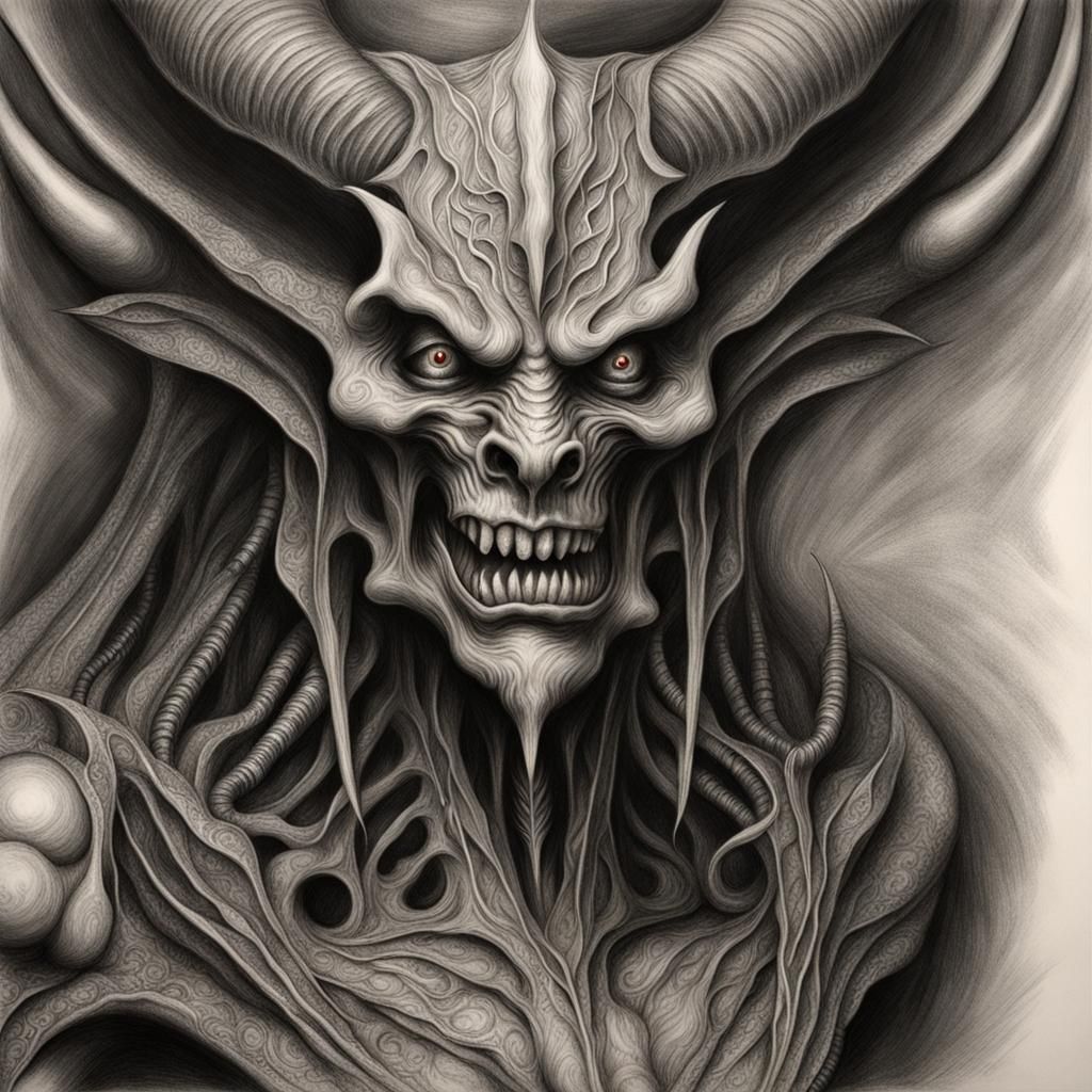 Hyperdetailed Demon in Charcoal Drawing