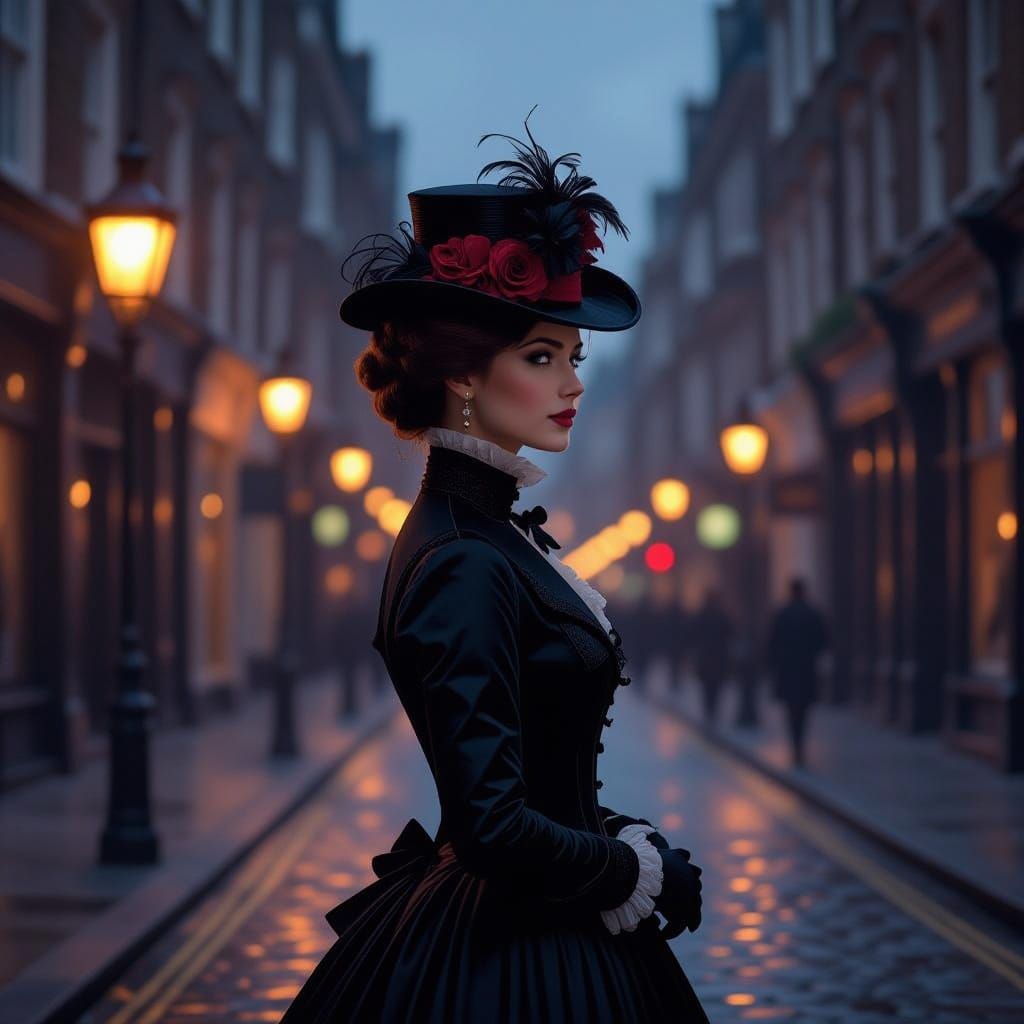 Victorian Woman in Ornate Hat, Impressionist London Street S...