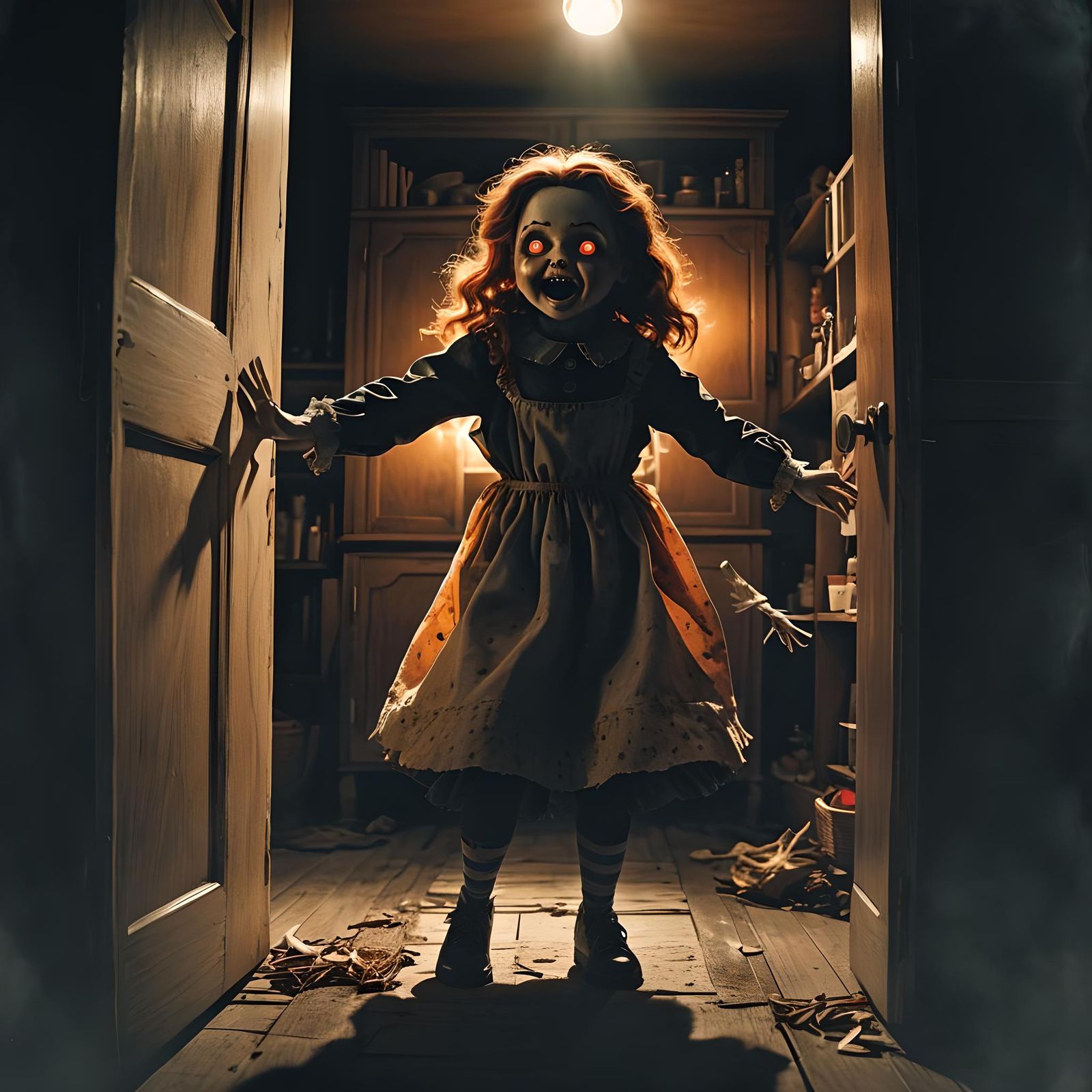 Possessed Doll Leaps from Cupboard in Horror Scene
