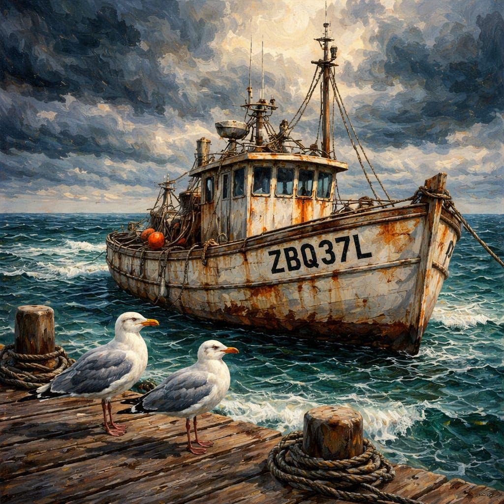 Weathered Fishing Boat Docked at Pier Oil Painting