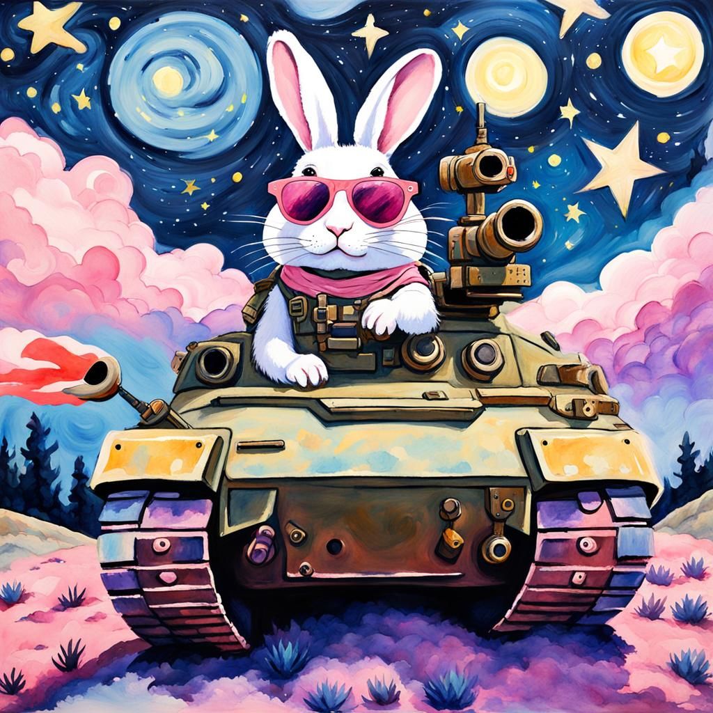Cute Kawaii Rabbit in Tank, Gouache Style