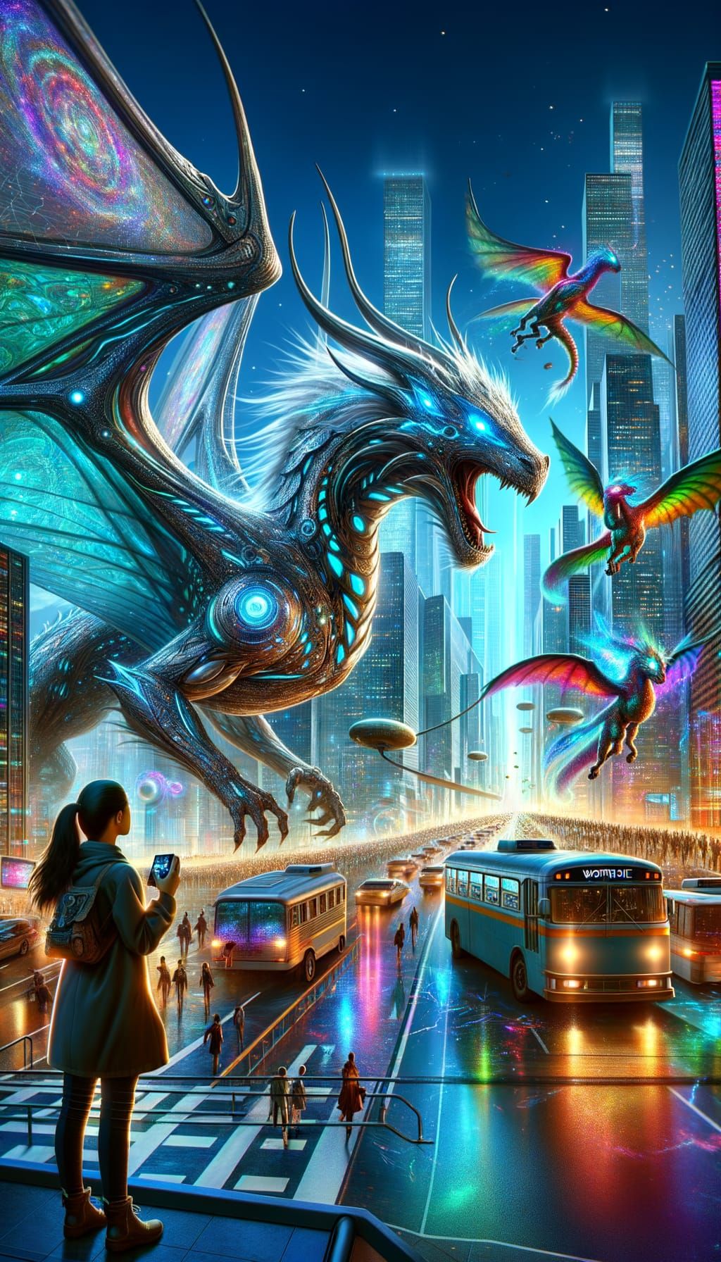 Cyberpunk Metropolis Dominated by Iridescent Dragon