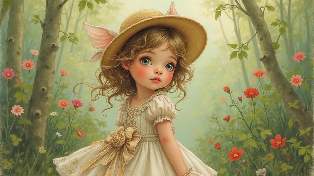 Whimsical Girl in Lush Garden, Illustration Style