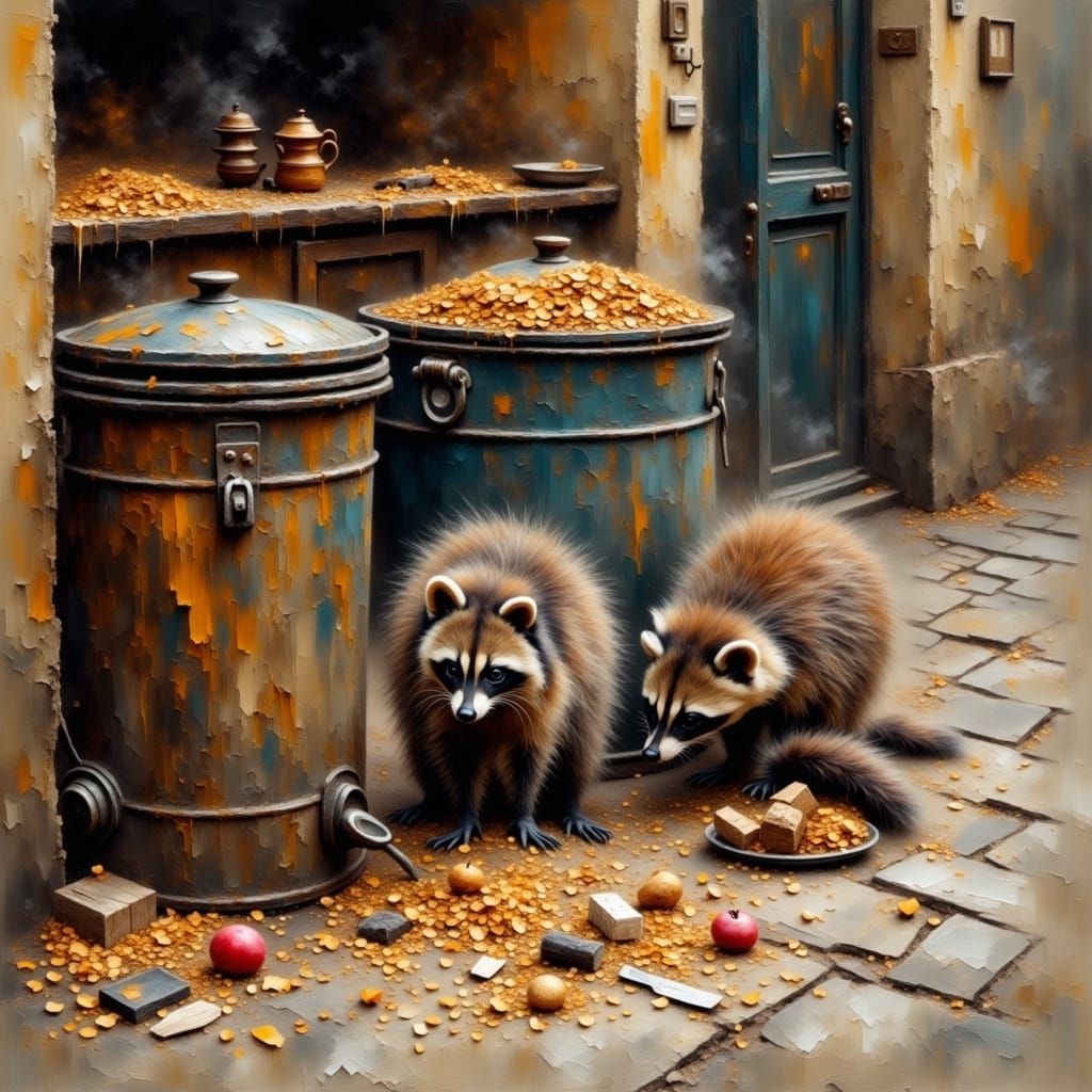 Raccoons Scavenging in Paris: A Whimsical Scene
