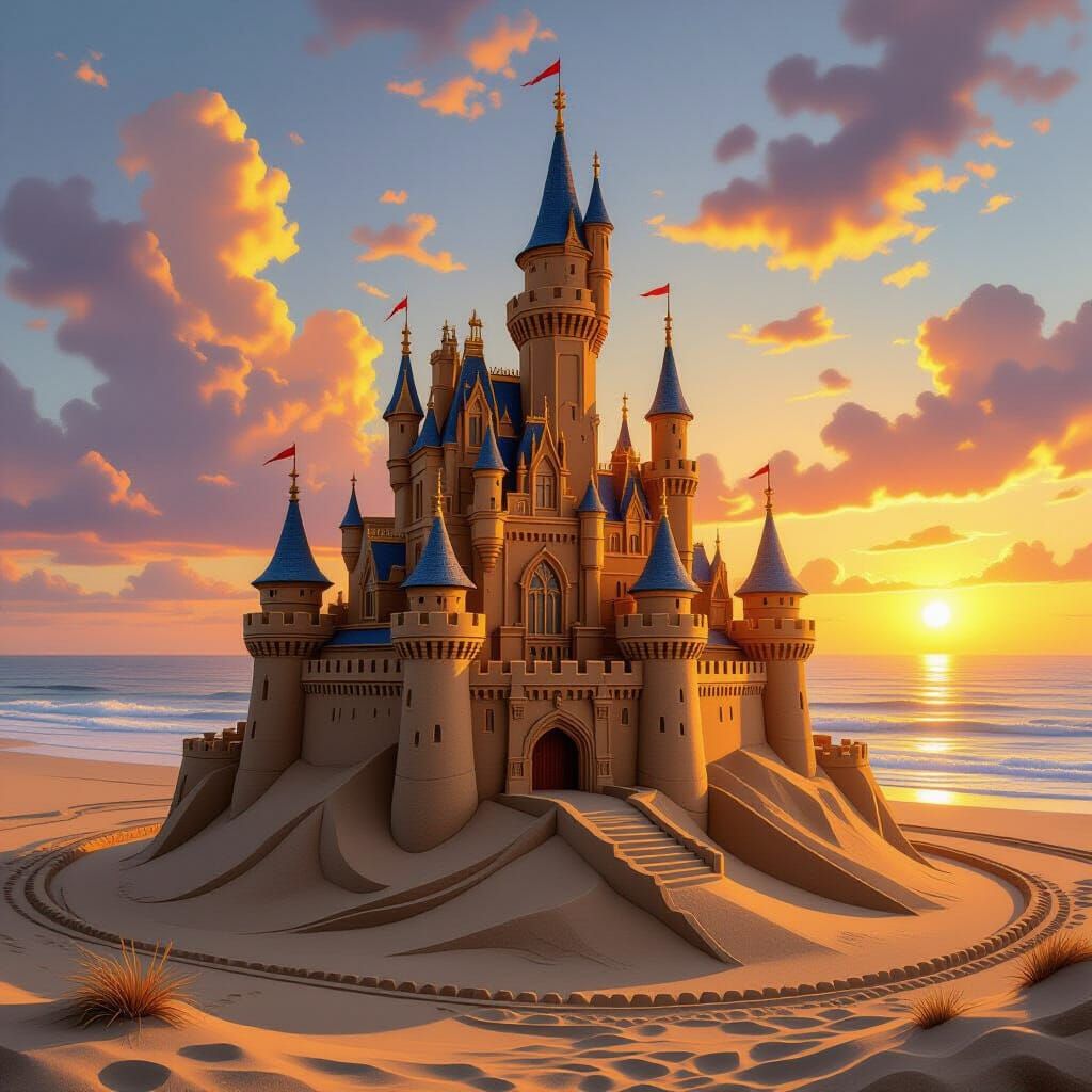Majestic Sandcastle Sculpture at Sunset