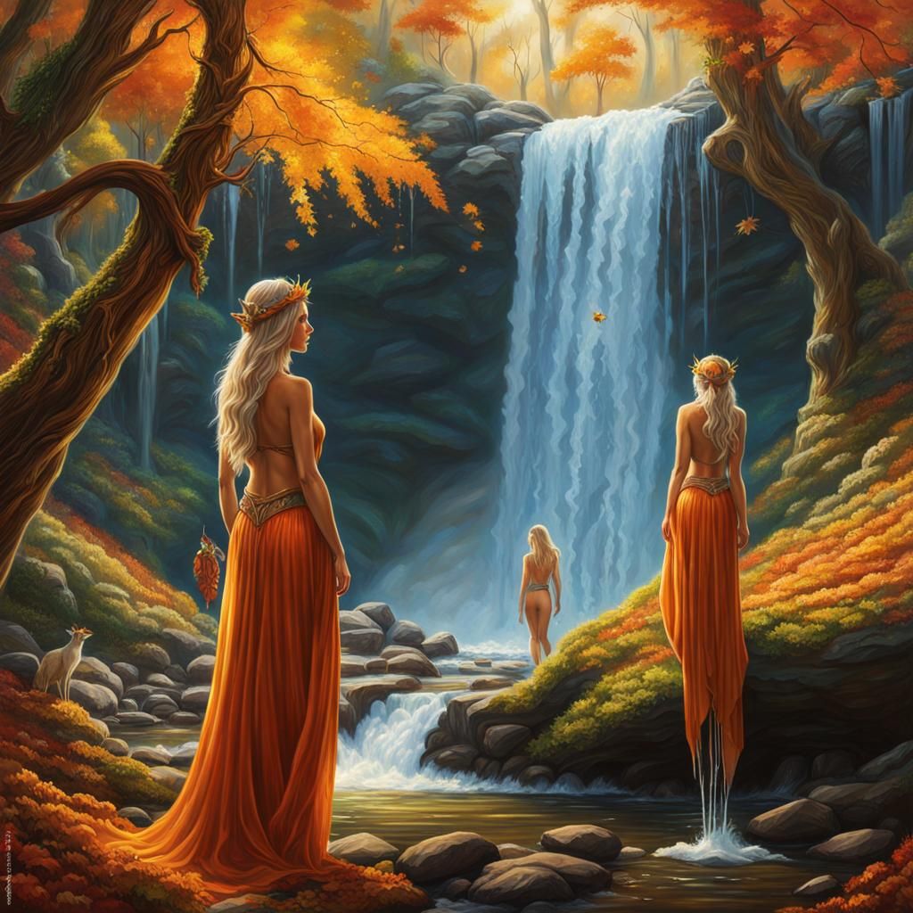 Elves Bathing Under Waterfall in Autumnal Forest