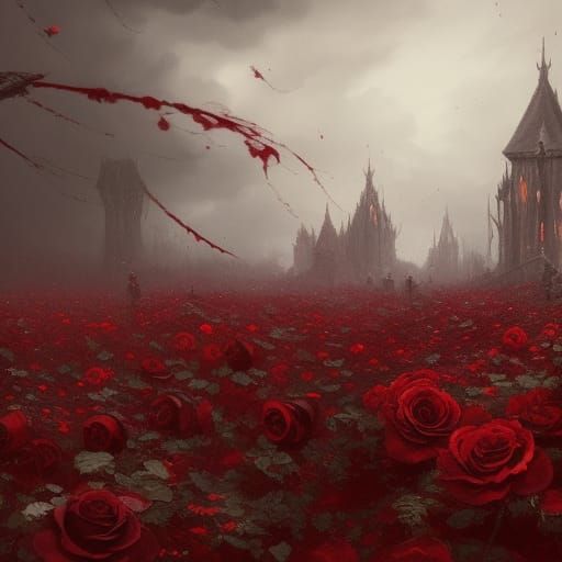 Gothic Crimson Rose Field under Dark Sky