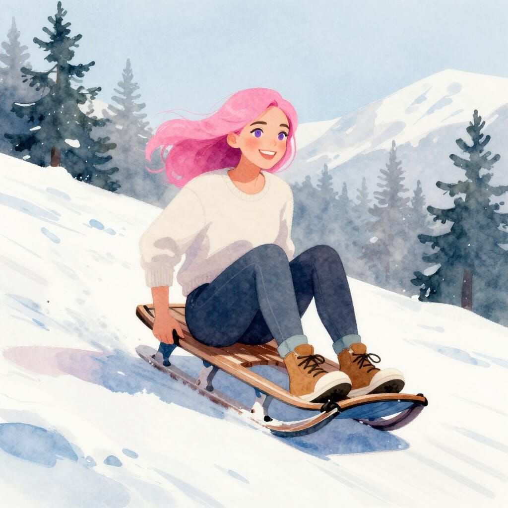 Pink Haired Woman Joyfully Sledding Down Hill in Watercolor