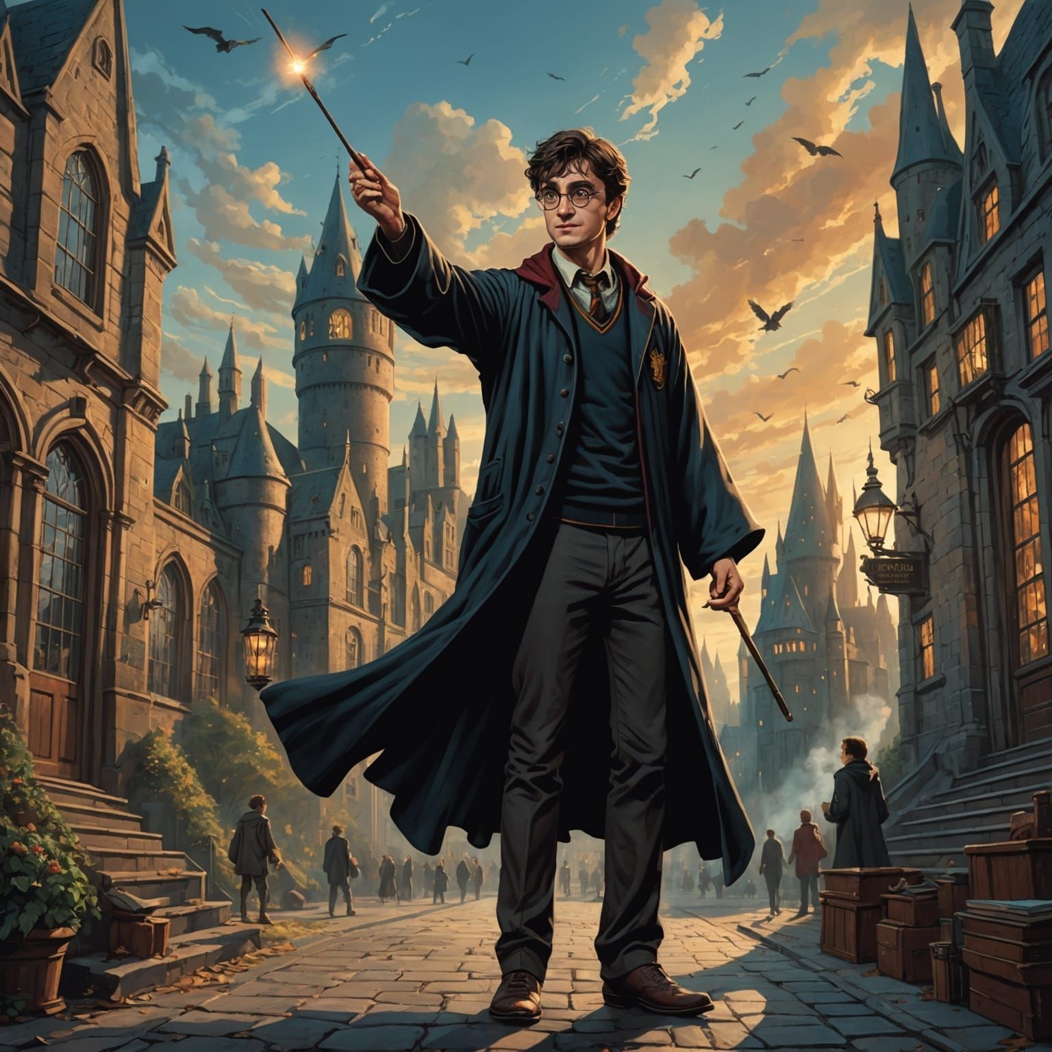 Harry Potter Waving Wand in Surrealist School of Magic