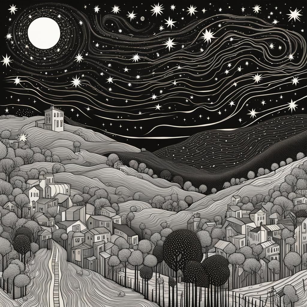 Monochrome Starry Night Illustration in Liquid Ink Style