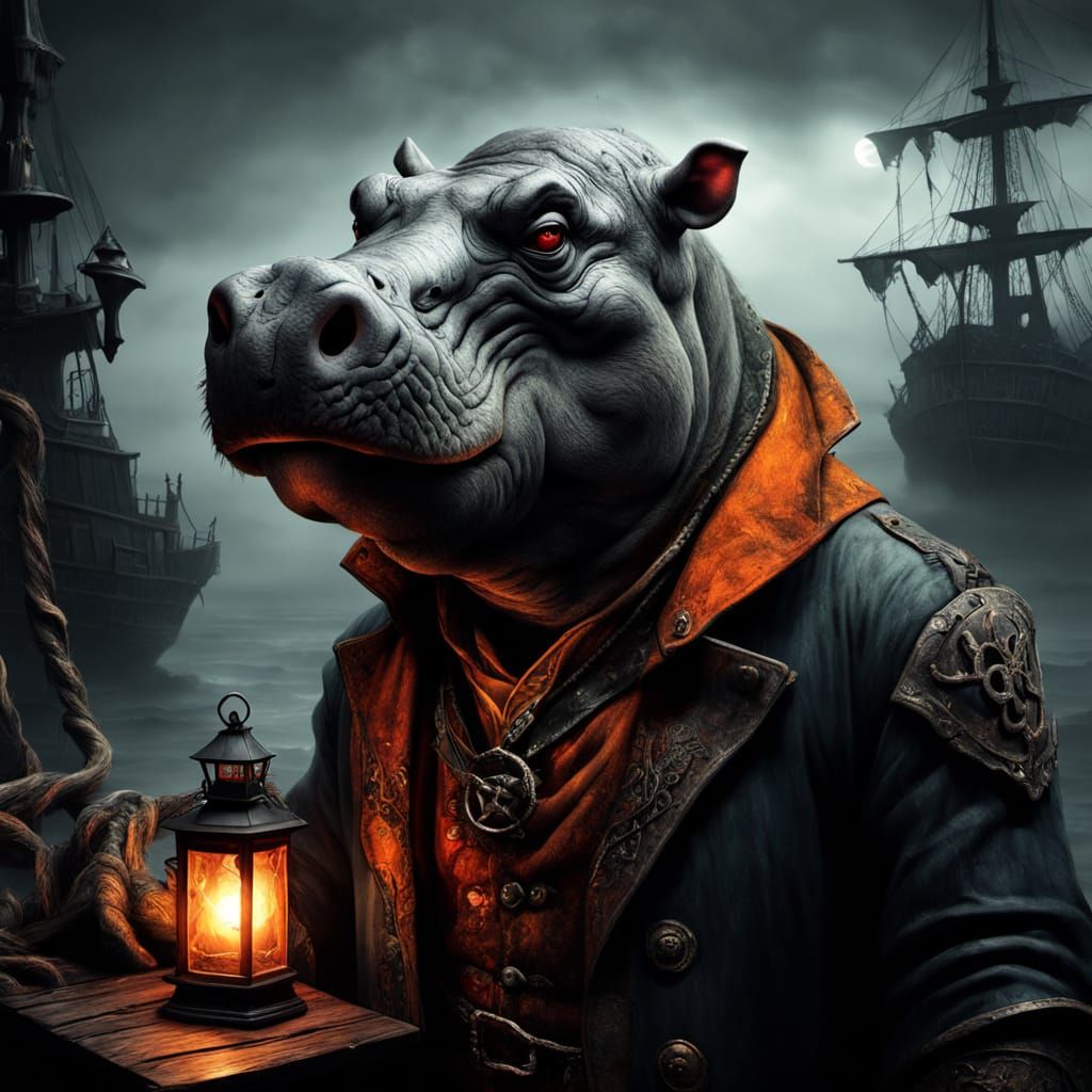 Gothic Cartoon of Pirate Hippo on Haunted Ship