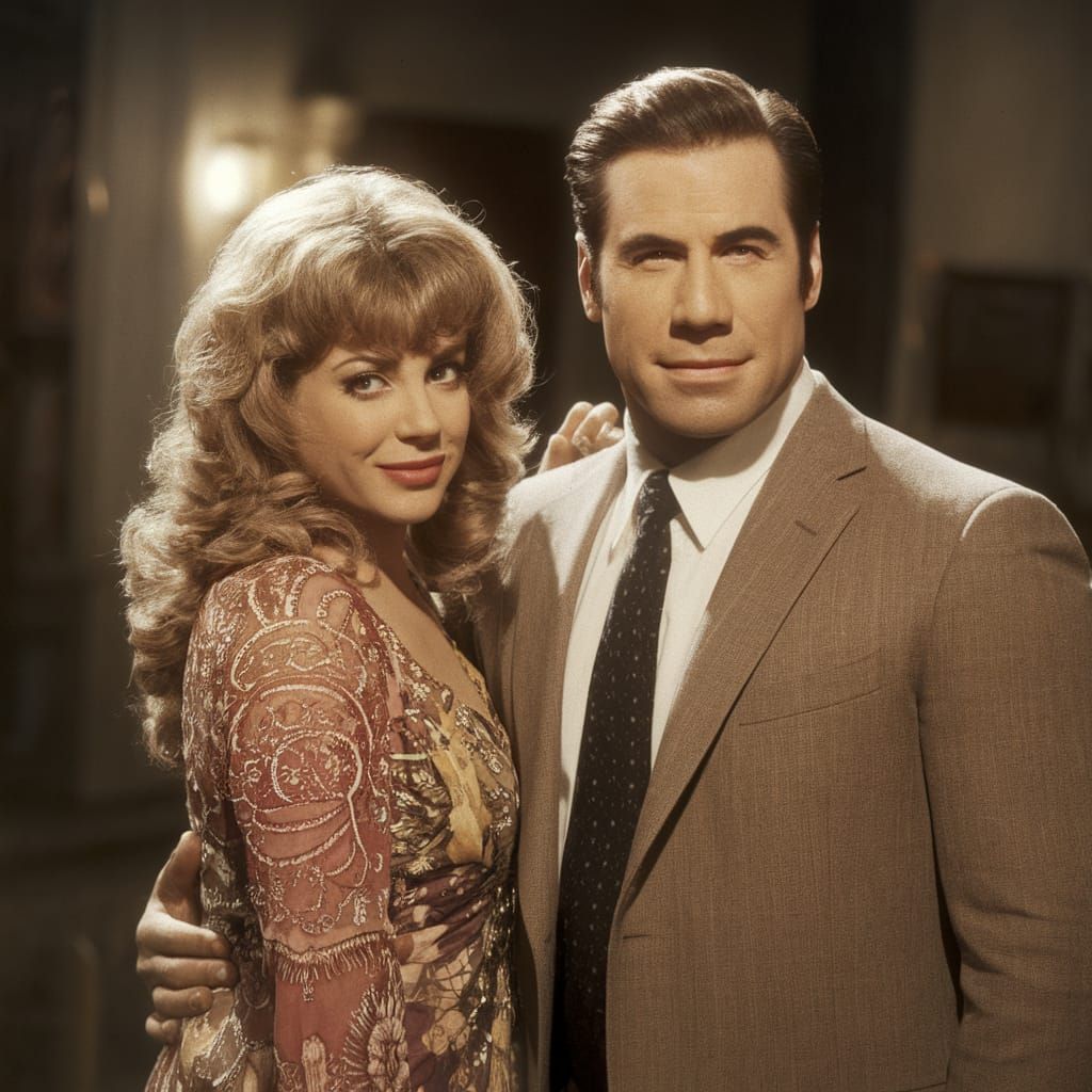 John Travolta and Olivia Newton-John in Cinematic Film Still