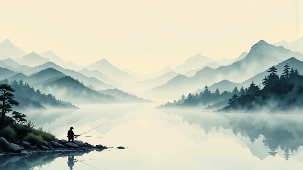 Lone Fisherman in Misty Japanese Landscape