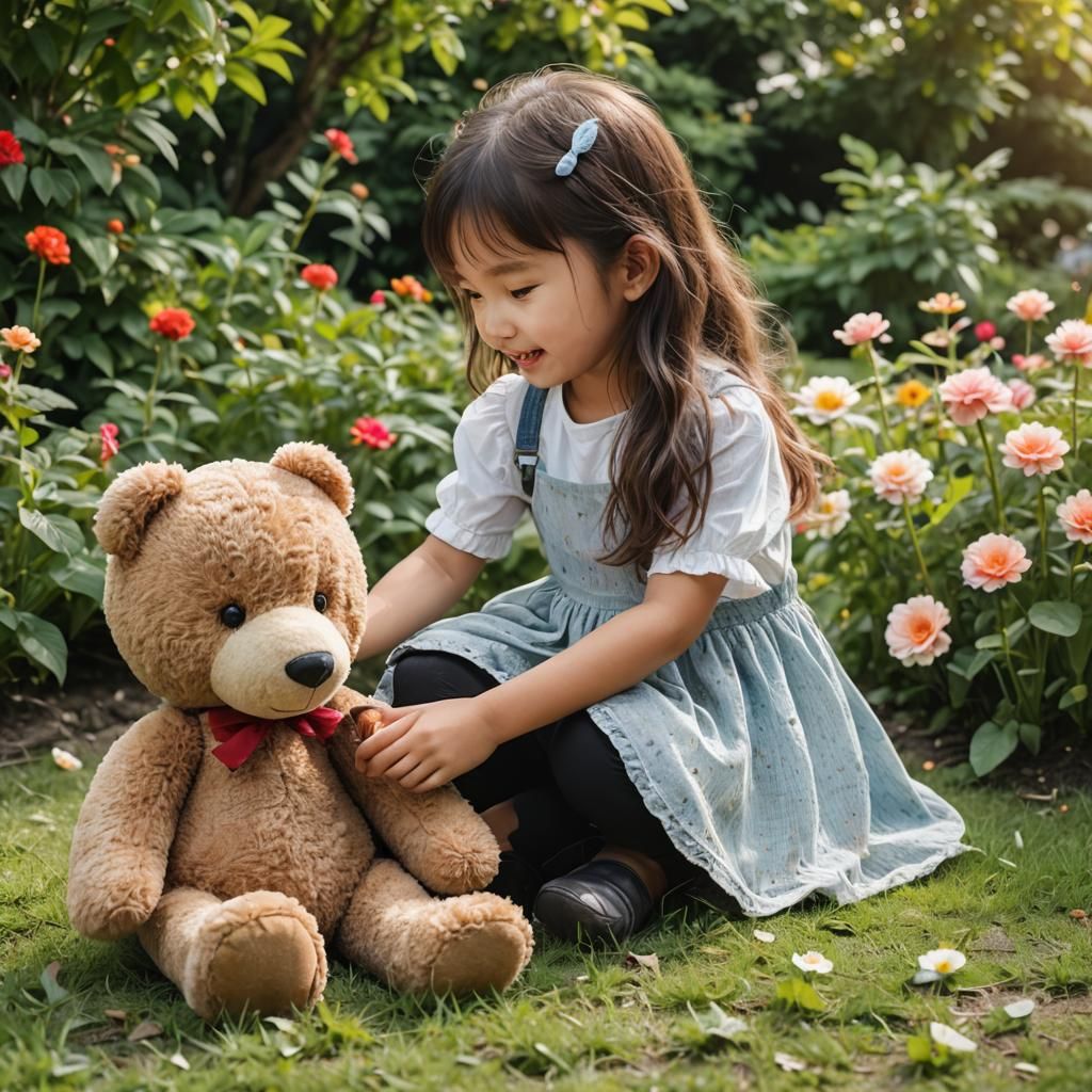 Girl and Teddy Bear in Sunny Garden