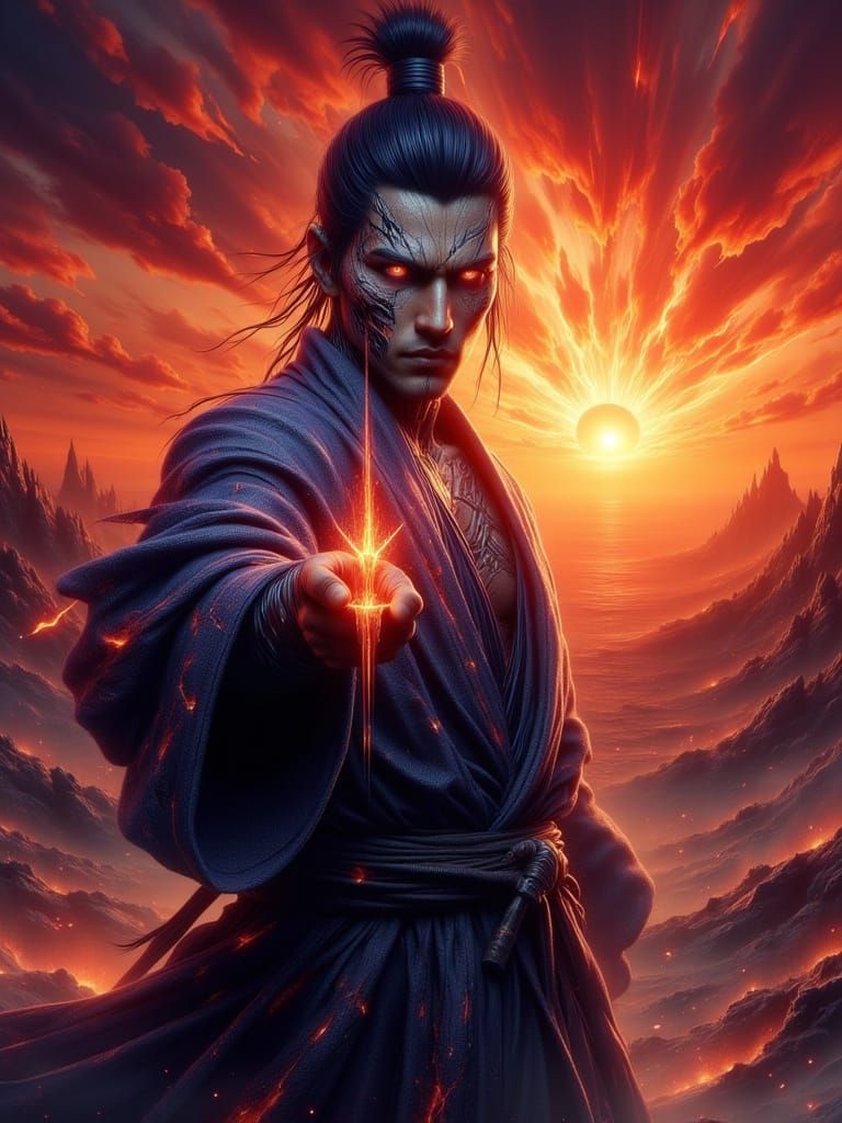 Warrior with Shuriken in Desert Sunset, Ukiyo-e Style