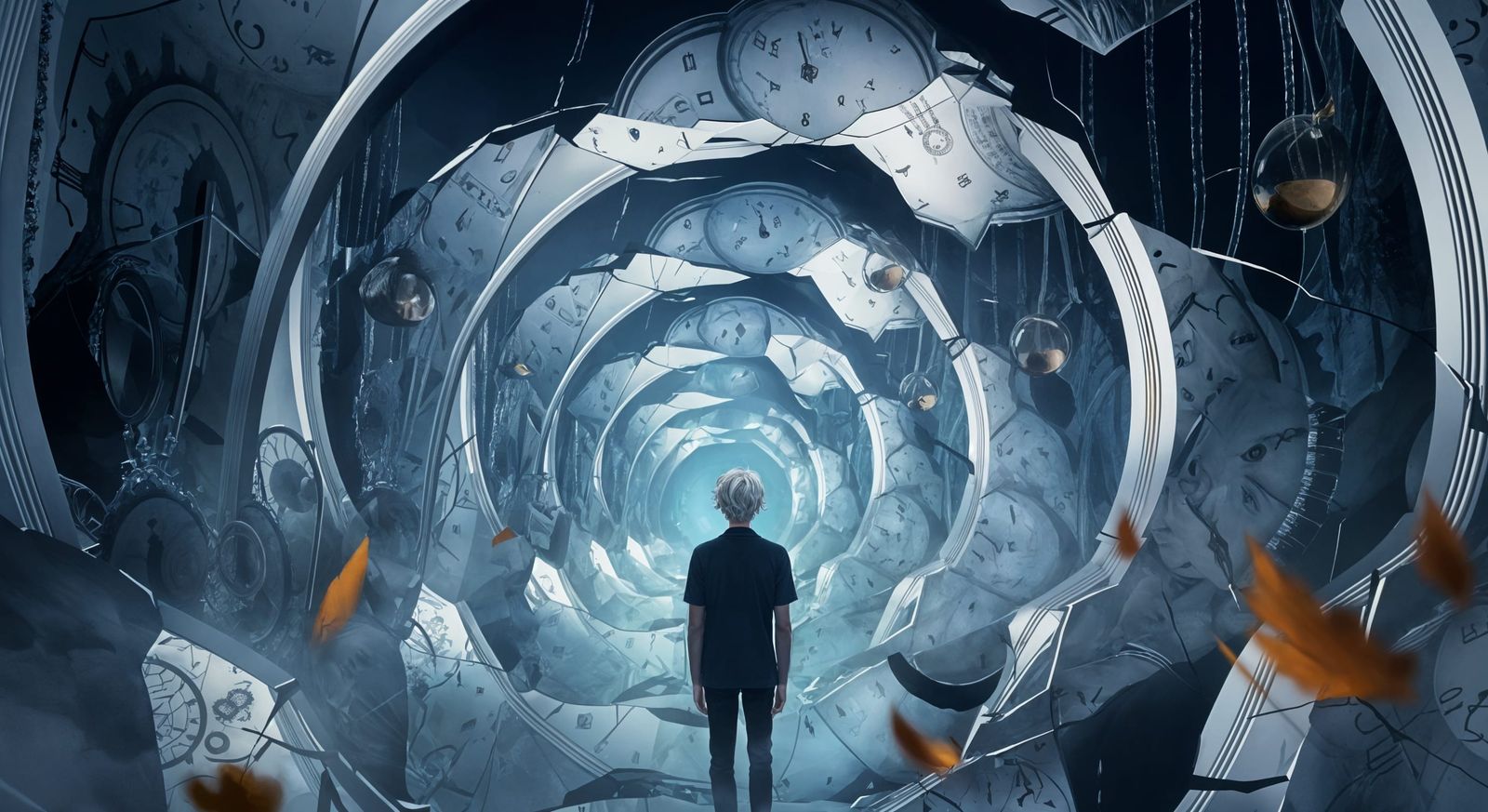 Young Man's Reflections in a Timeless Mirror Maze