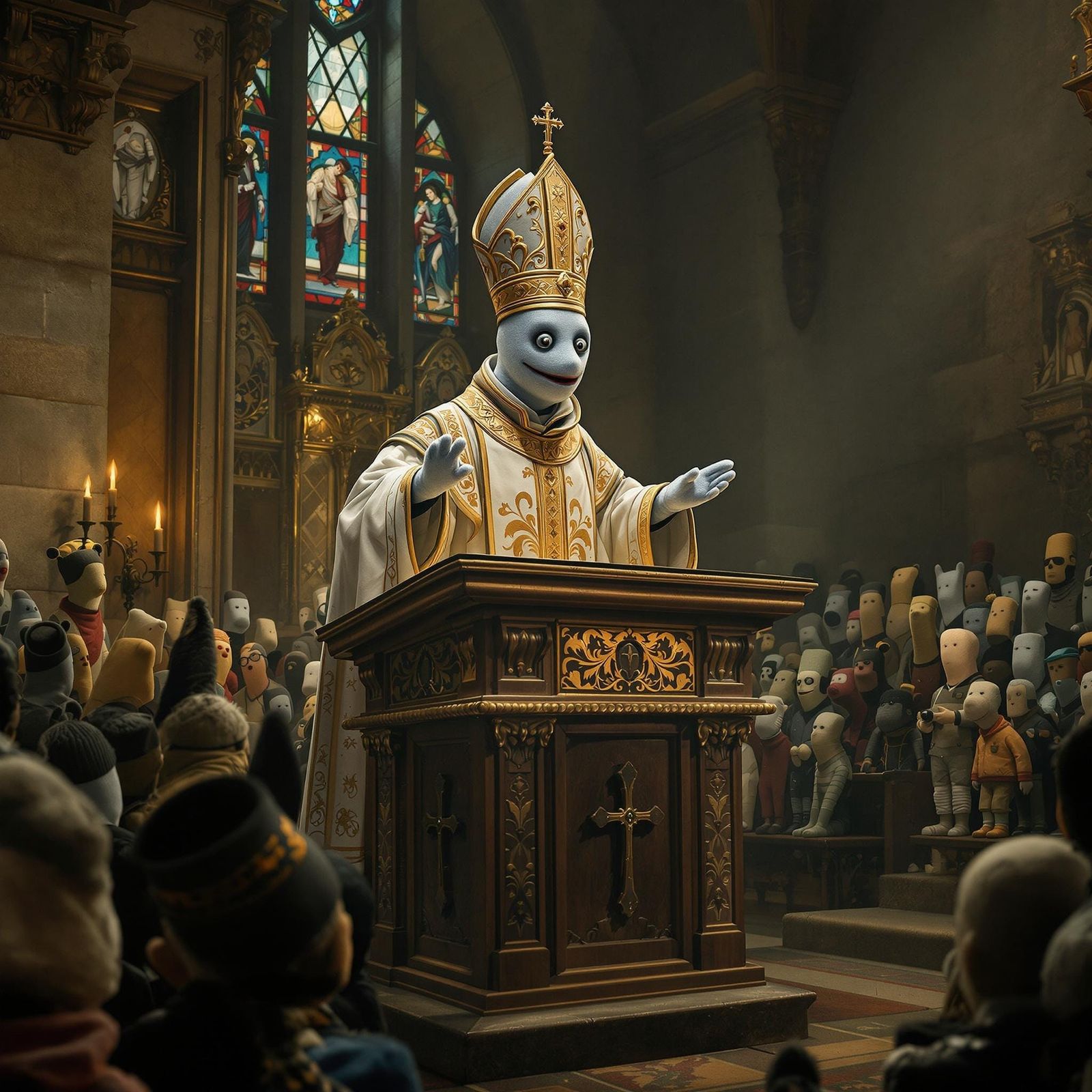Sock Puppet Priest in Grand Church Setting