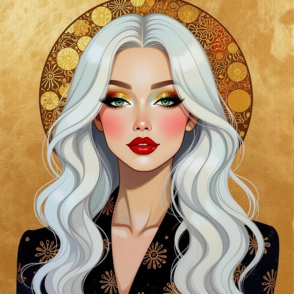 Golden Woman with White Hair and Green Eyes