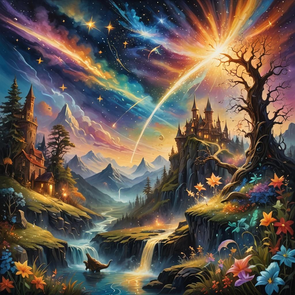 Mythical Landscape with Falling Star in Oil Painting