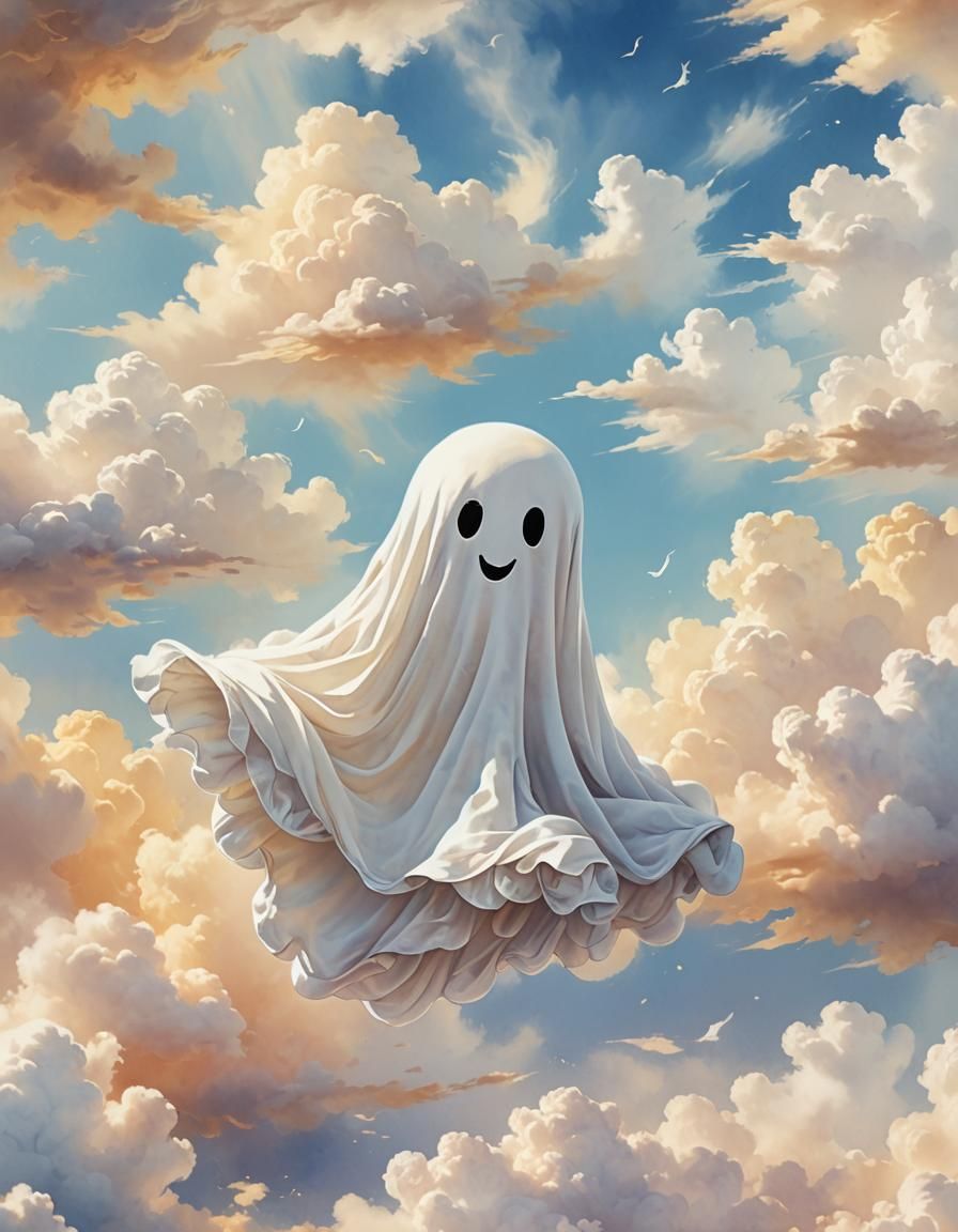 Whimsical Sheet-Ghost Floating in Airy Clouds