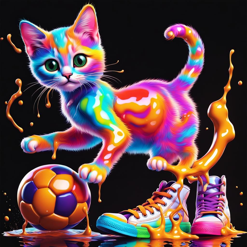 Cute little pretzel kitten playing with funky sneakers and a ball