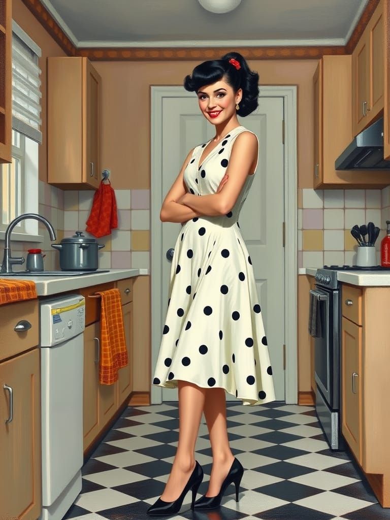 Elegant 1950s Housewife in Vintage Kitchen, Impressionistic ...