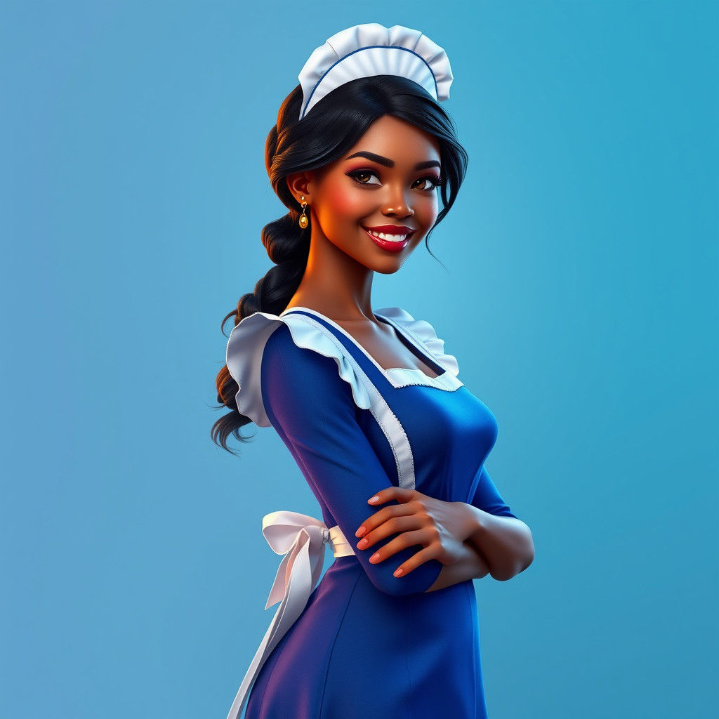 Young Woman in Blue Maid Outfit, Fantasy Concept Art