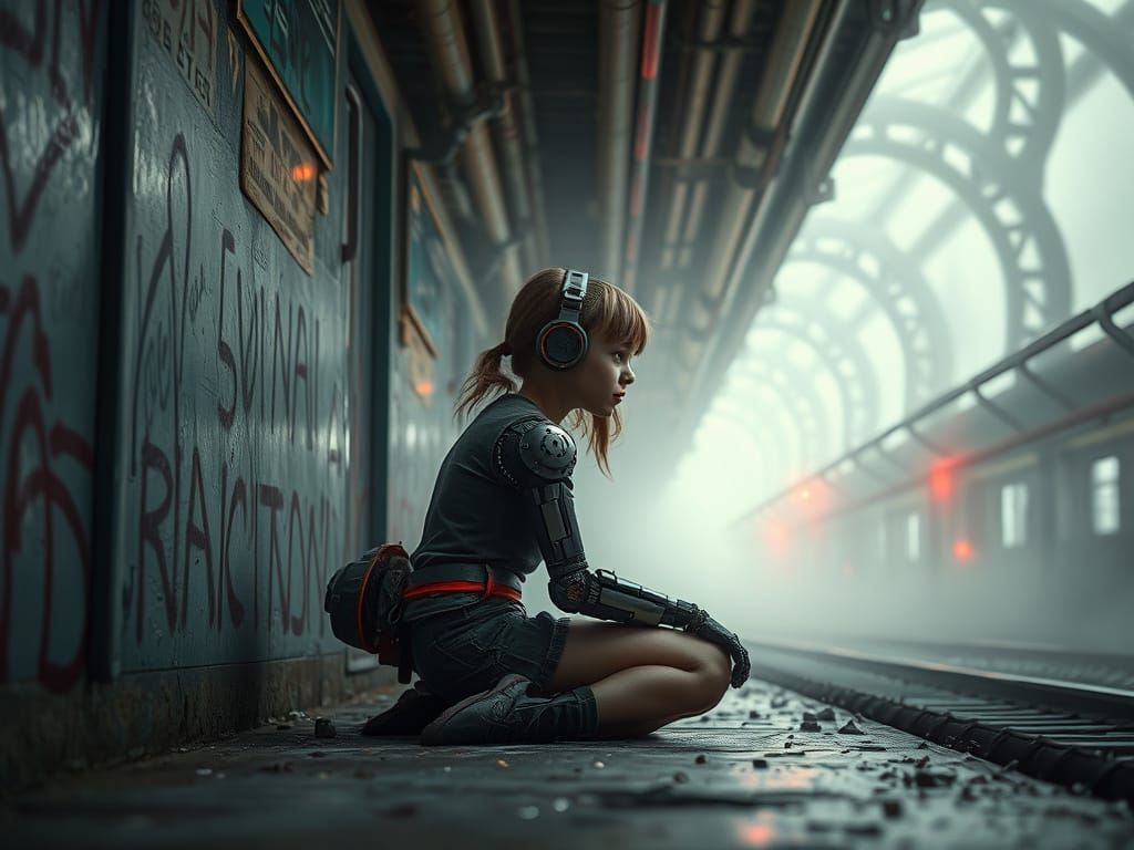 Resilient Girl in Cyberpunk Ruins