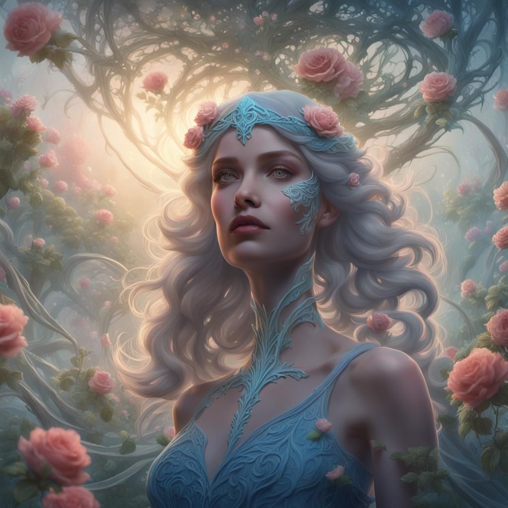 Ethereal Goddess in a Rose Garden: Fantasy Art