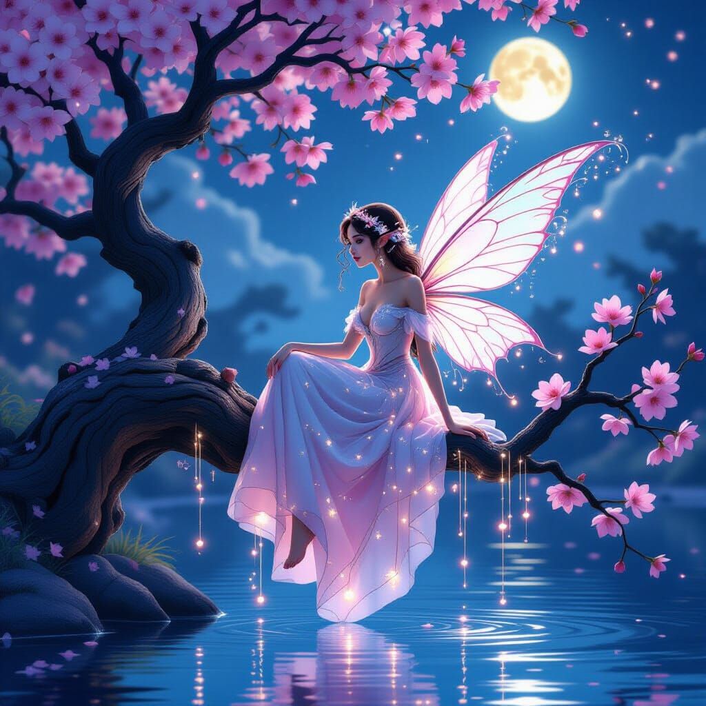 Ethereal Fairy in Cherry Tree, Digital Art