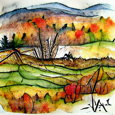 Vermont Autumn Landscape in Watercolor and Ink