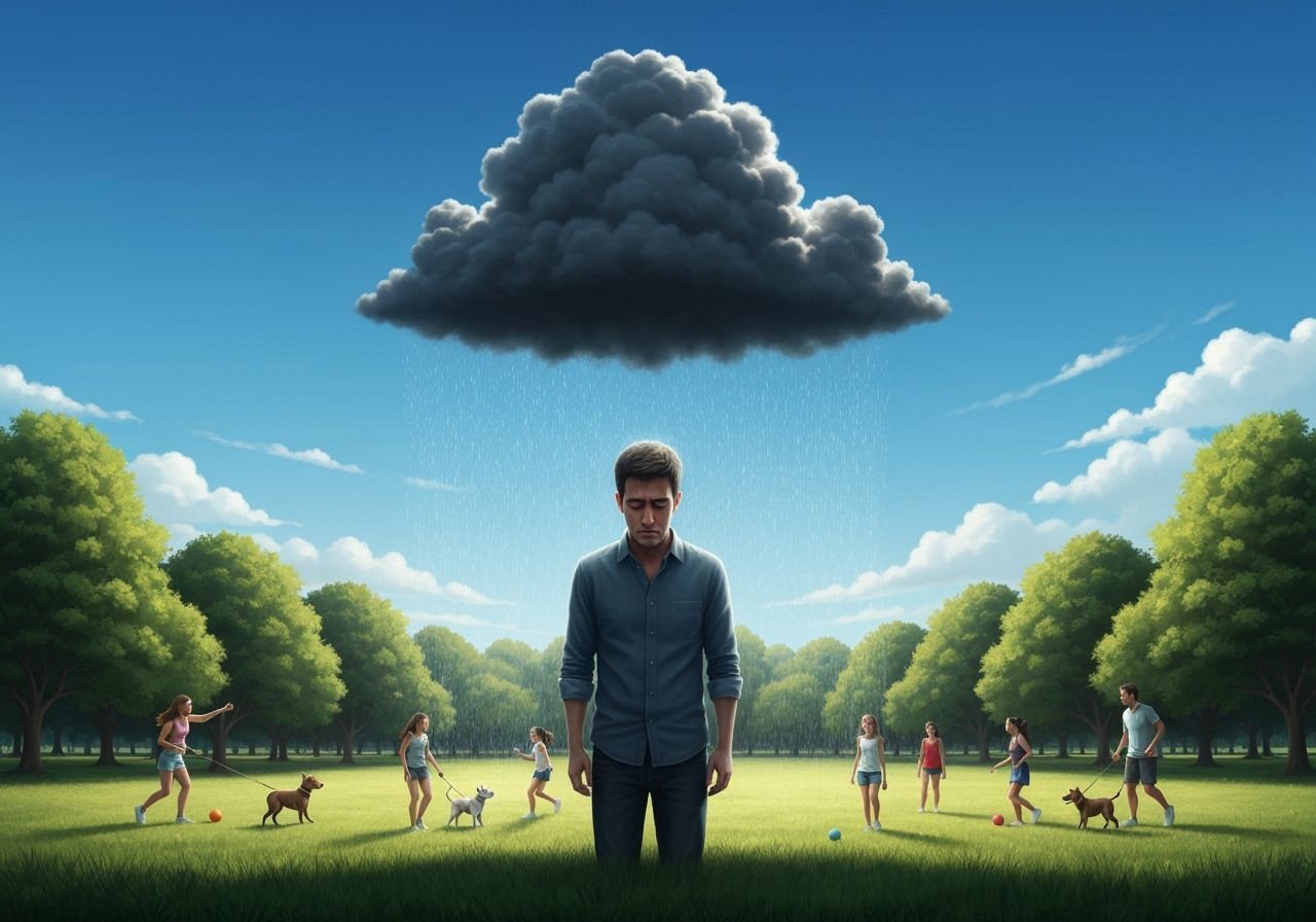 Man Alone Under Rain Cloud in Sunny Park