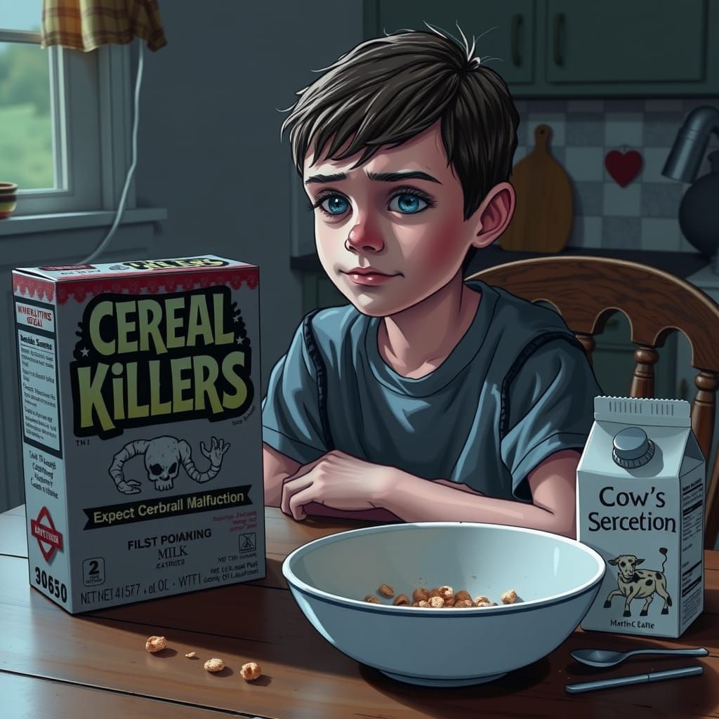 Boy at Breakfast with Cereal Killers, Eerie Comic Art