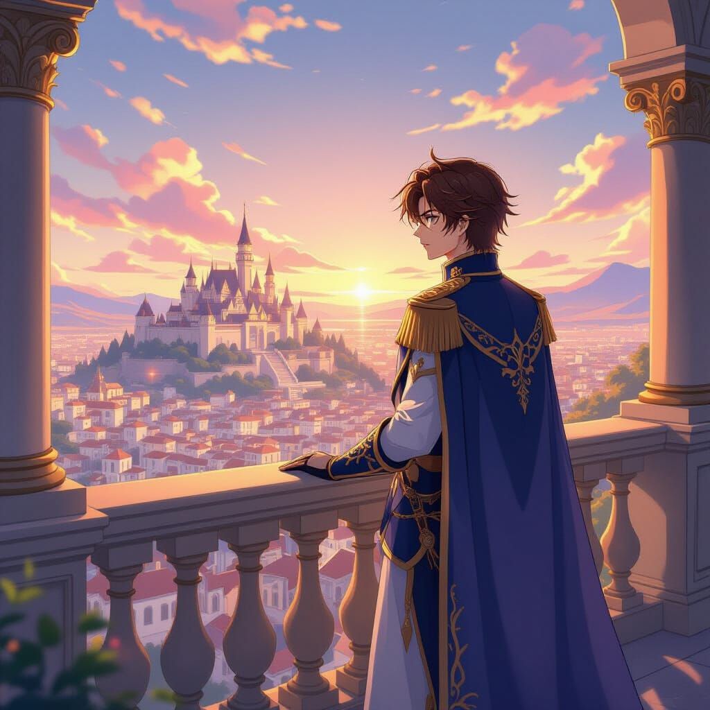 Anime Prince Overlooking Kingdom at Sunset
