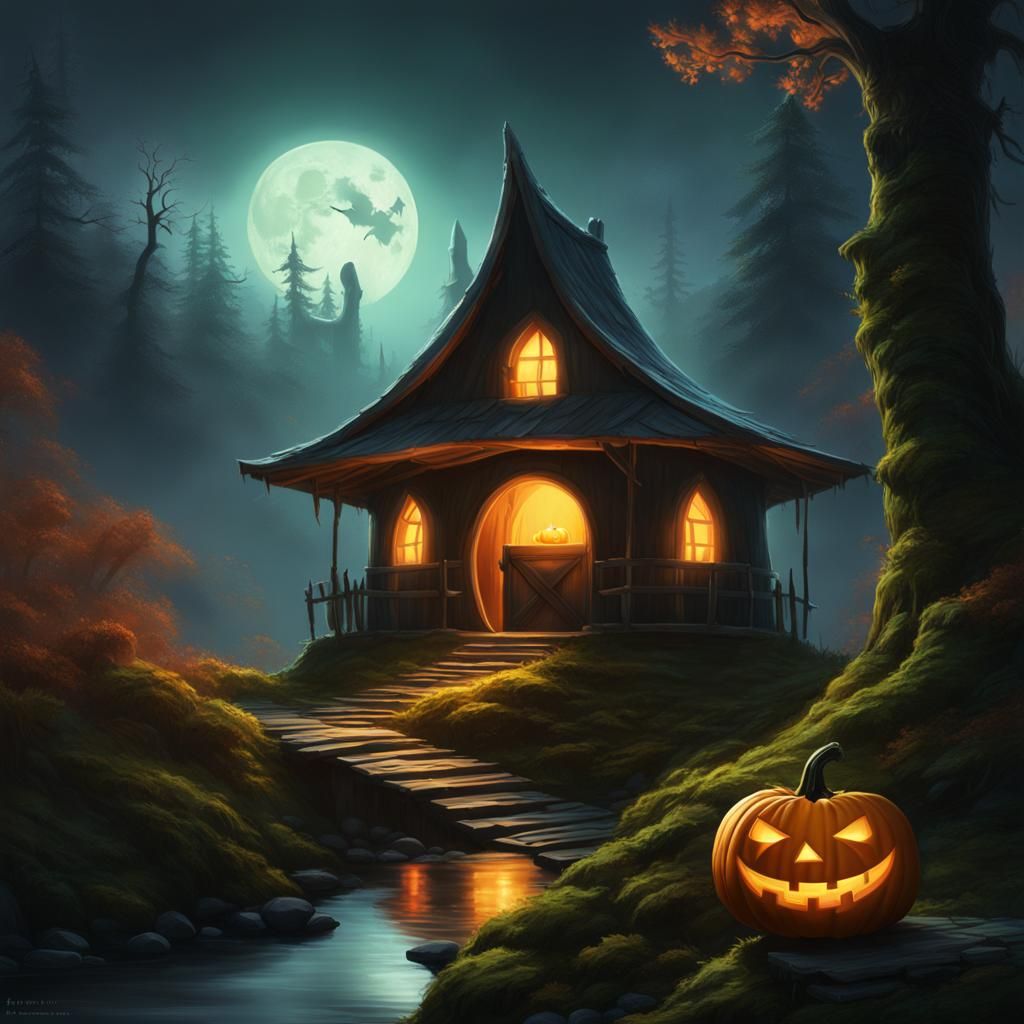 Mystical Halloween Hut with Glowing Pumpkin and Ghosts