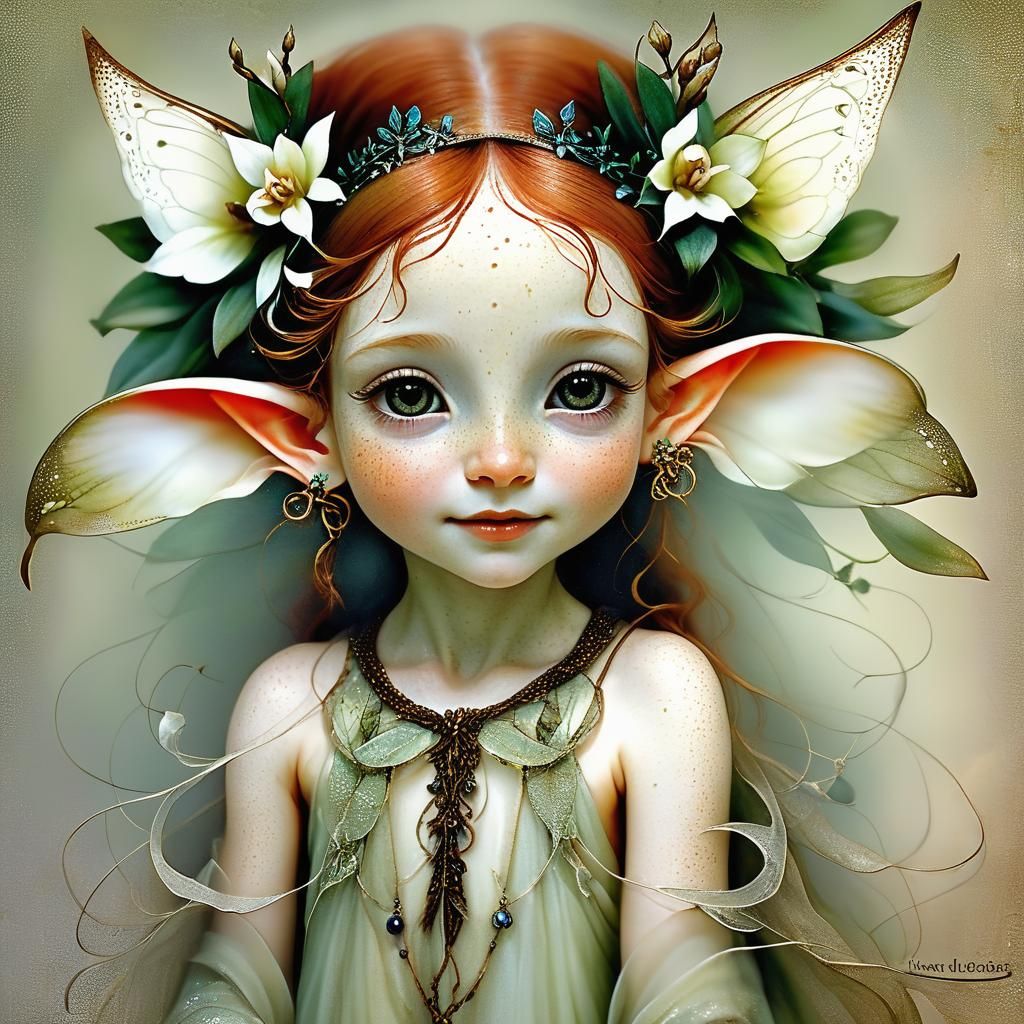 Enchanting Elf Child on Kitten Boat, in Pointillism Style