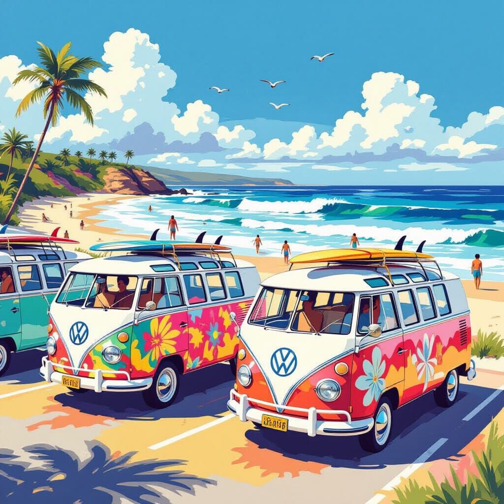 VW Kombi Vans at Beach in Vibrant Art Style