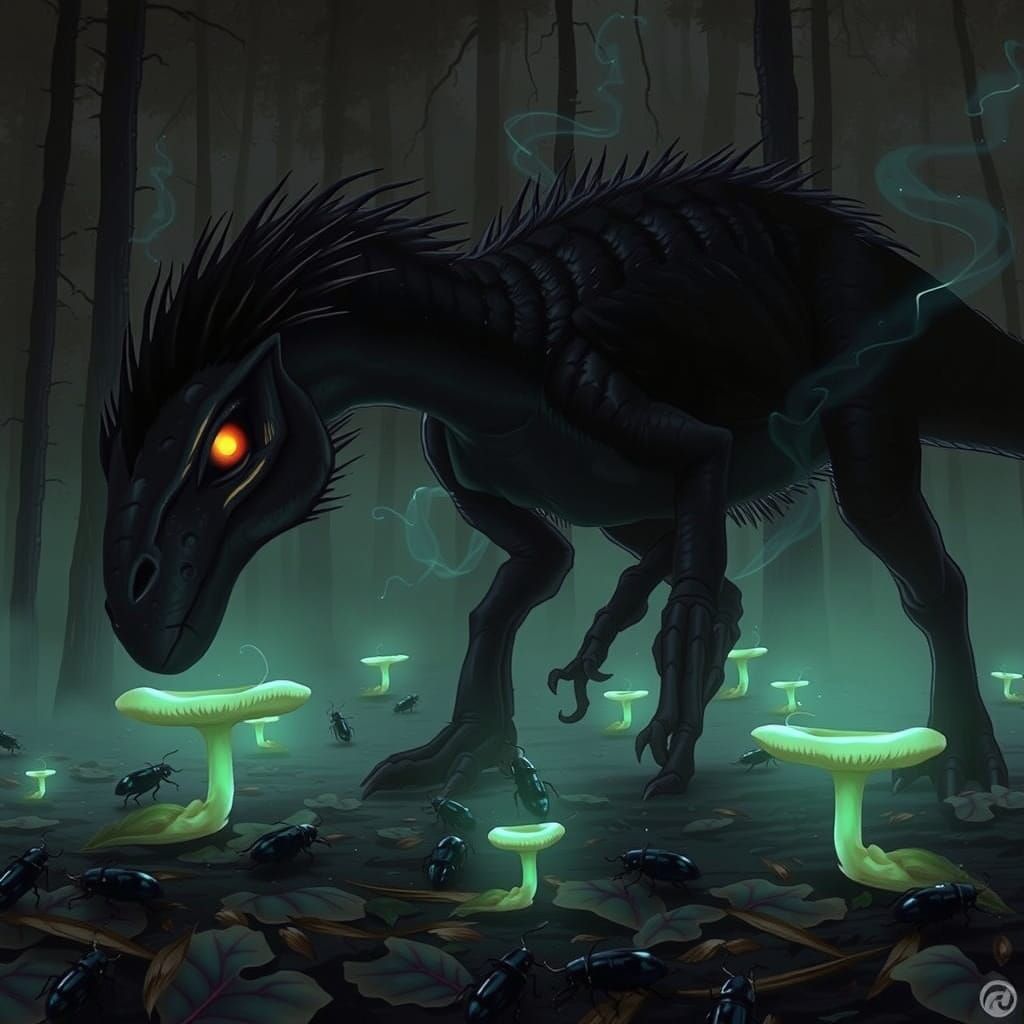 Menacing Dark Fantasy Raptor Hunts in Moonlit Forest