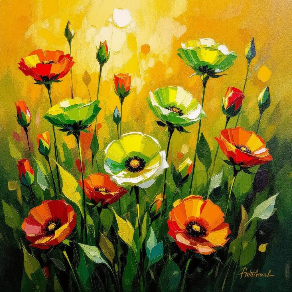 Vibrant Oil Painting of Dew-Kissed Wildflowers in Golden Hou...