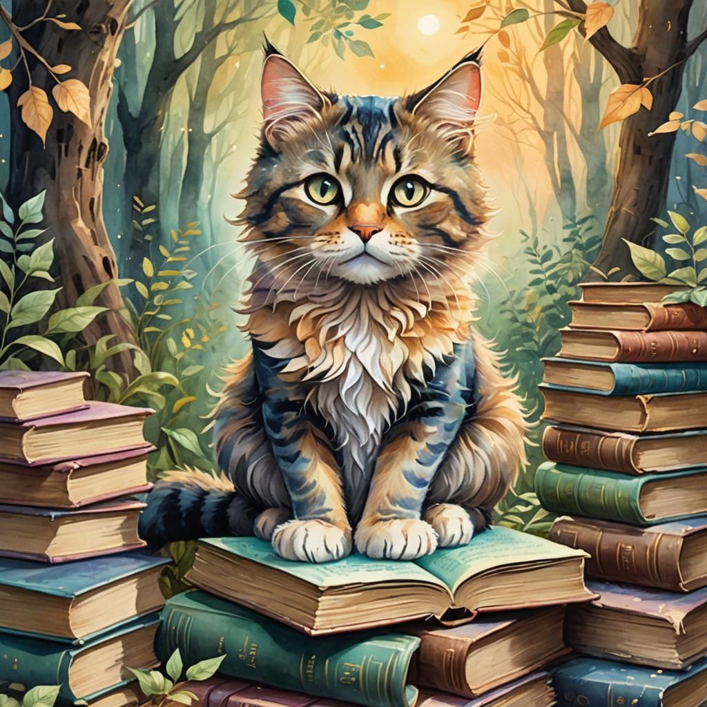 Magical Cat in Mystical Forest, Pastel Watercolor