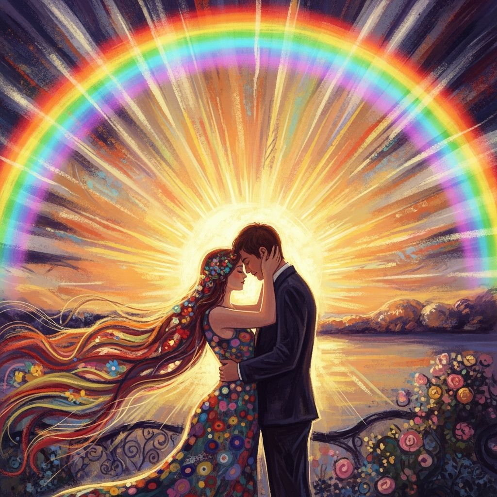 Couple's Radiant Reunion Under Rainbow Arch