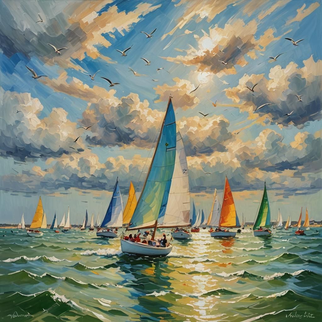 Sailboats Racing: A Neo-Impressionist Oil Painting