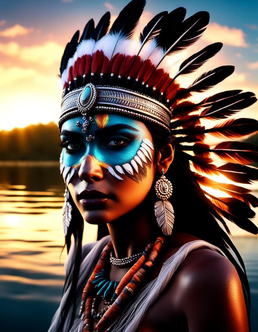 Indian Girl in Lake at Sunset: Hyperrealistic Digital Art