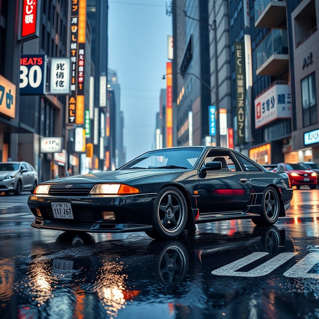 Black 180SX Reflects Tokyo Neon in Hyperrealistic Photo